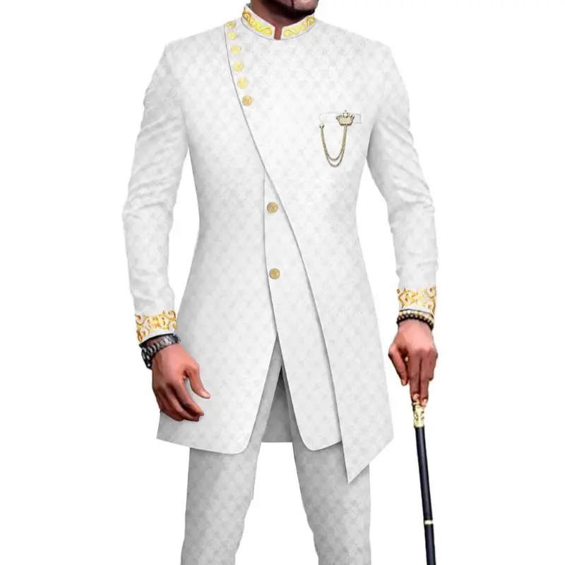 Men's Embroidered Stand-Up Collar Suit Set, 2-Piece Slim Fit Cotton Blend Formal Blazer & Pants with Chain Detail, Plus Sizes to 6XL, Embroidery, Cotton Blend Men's Suits, Black Men's Suits, Body-Fit Men's Suits