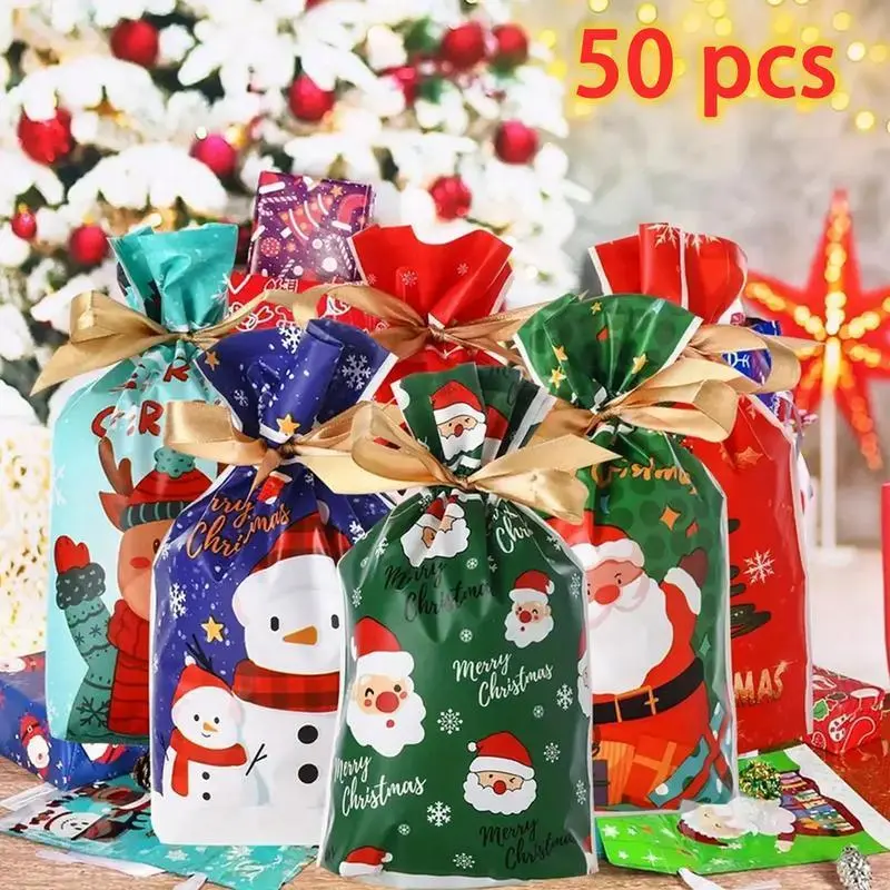 50Pcs Christmas Drawstring Gift Bags about 6 Design Goody Bags for Presents, Size 5.91"* 9.06", Holiday, Xmas PartyFavors, Christmas Presents,Christmas Bags