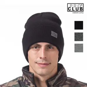 PROCLUB Men's Cuffed Beanie Warm Long Beanies PRO CLUB Logo Beanie Casual Caps Classic Style Beanie Knit Hat Cap Plain Winter Hip Hop Harem