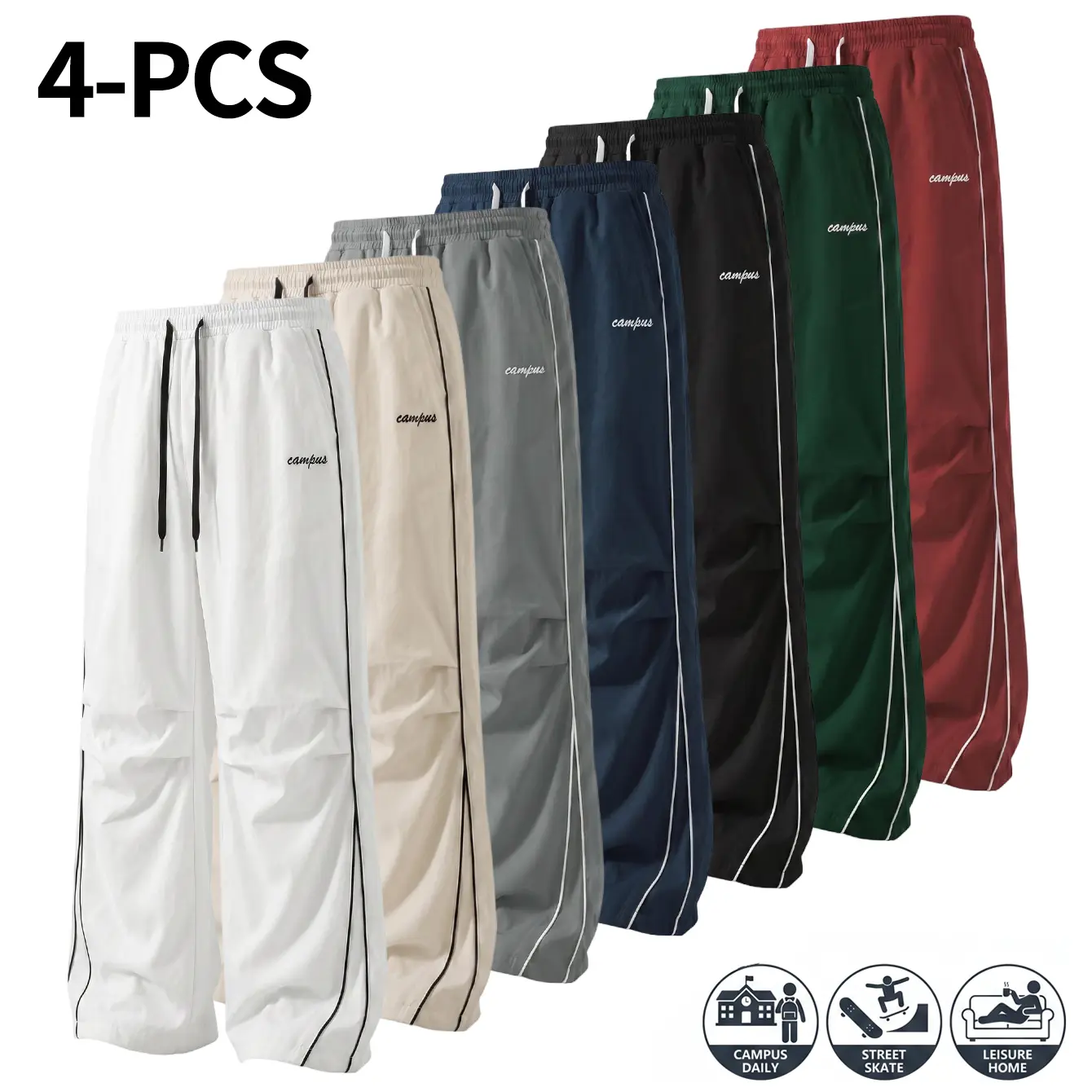 Men’s cargo pants with letter embroidery, drawstring waist, wide legs, and pockets—casual, comfortable for everyday wear, woven fabric suitable for all seasons; casual street-style long pants (available in 4-pack or single pack).