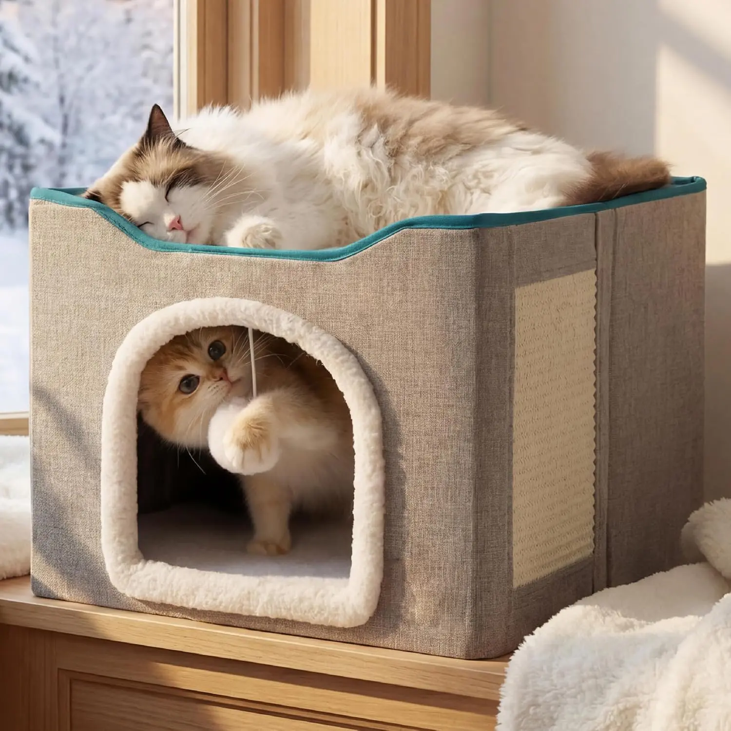 Luxury Dual-Level Indoor Cat House Bed - Foldable Space-Saving Cat Cave Cube with Dual Rest Platforms, Toy Tunnel, Scratching Post, Plush Hanging Balls , Safe Cozy Play & Sleep Space For Kittens