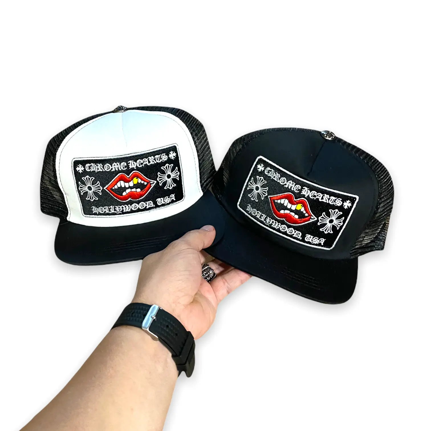 Black Embroidered Lips Logo Trucker Hat, Premium Mesh Snapback Cap, Streetwear Baseball Hat for Men & Women