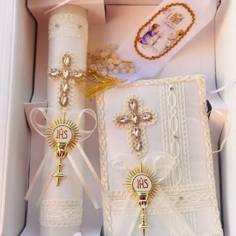 Traditional First Communion Gift Set - 8in Candle, Rosary, New Testament, Decoration Elements in Ivory Box, Religious Party Favor for Boys & Girls (English & Spanish)