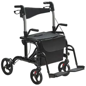 VEVOR 2 in 1 Rollator Walker Transport Chair for Seniors, Folding Rolling Walker Wheelchair Combo Footrests, Lightweight Aluminum Mobility Walker with Adjustable Handle, All Terrain Wheels, 300LBS
