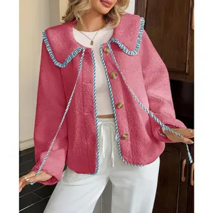Womens Fuzzy Fleece Jacket Peter Pan Collar Button Down Fall Winter Sherpa Coats Colorblock Cute Warm Outerwear