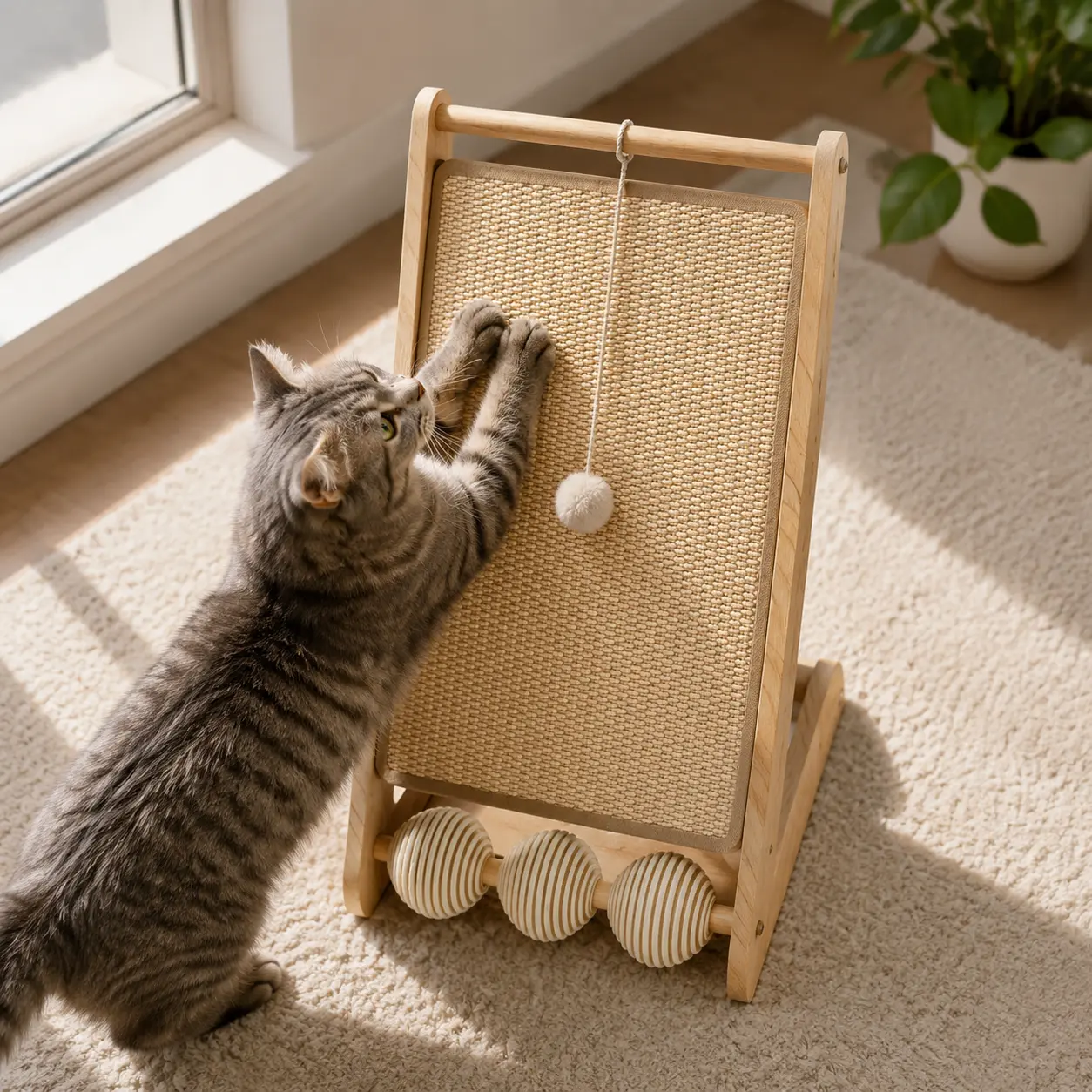 Freestanding Minimalist Vertical Solid Wood Cat Scratching Post - 1-Piece, Safe for Chewing, with Interactive Toy Ball, Natural Jute, Cardboard Sloped Sisal Scratcher Ramp, Wear-Resistant Space-Saving Indoor Cat Furniture