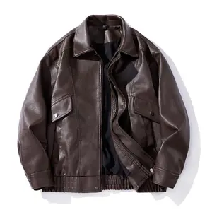 men's autumn and winter casual faux leather bomber jacket, fashionable modern motorcycle flight jacket, leather clothing, casual loose soft motorcycle jacket, lapel button zipper long sleeve with pocket jacket, PU leather jacket