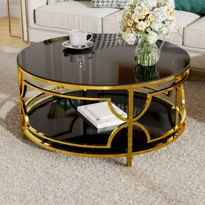 Round Tempered Glass Coffee Table in 30.7",Luxurious Geometric Metal Frame,Gold Finish & Lower Shelf, Black