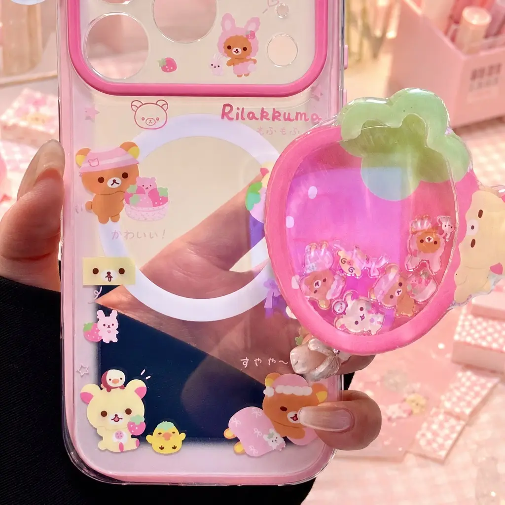 Cute Pink Strawberry Shaker Phone Grip with Teddy Bear, Kawaii Cartoon Animal Griptok, Lovely Fruit Phone Holder & Stand, Aesthetic Gift for Girls