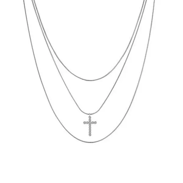 Stately Steel Stainless Steel Three Strands CZ Cross Pendant Necklace