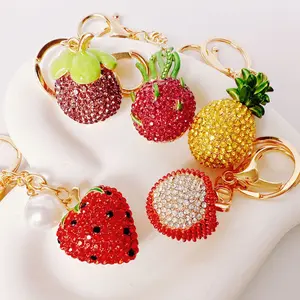 Creative Cute Fruit Keychain, Alloy Rhinestone Strawberry Pineapple Mangosteen Pitaya Lychee Emulational Fruit Keychain Pendant Gift