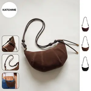 KatchMe Women's Vintage Solid Color Suede Crescent Shoulder Bag, Classy Zipper PU Crossbody Bag with Inner Pocket, Casual Bags for Fall & Winter