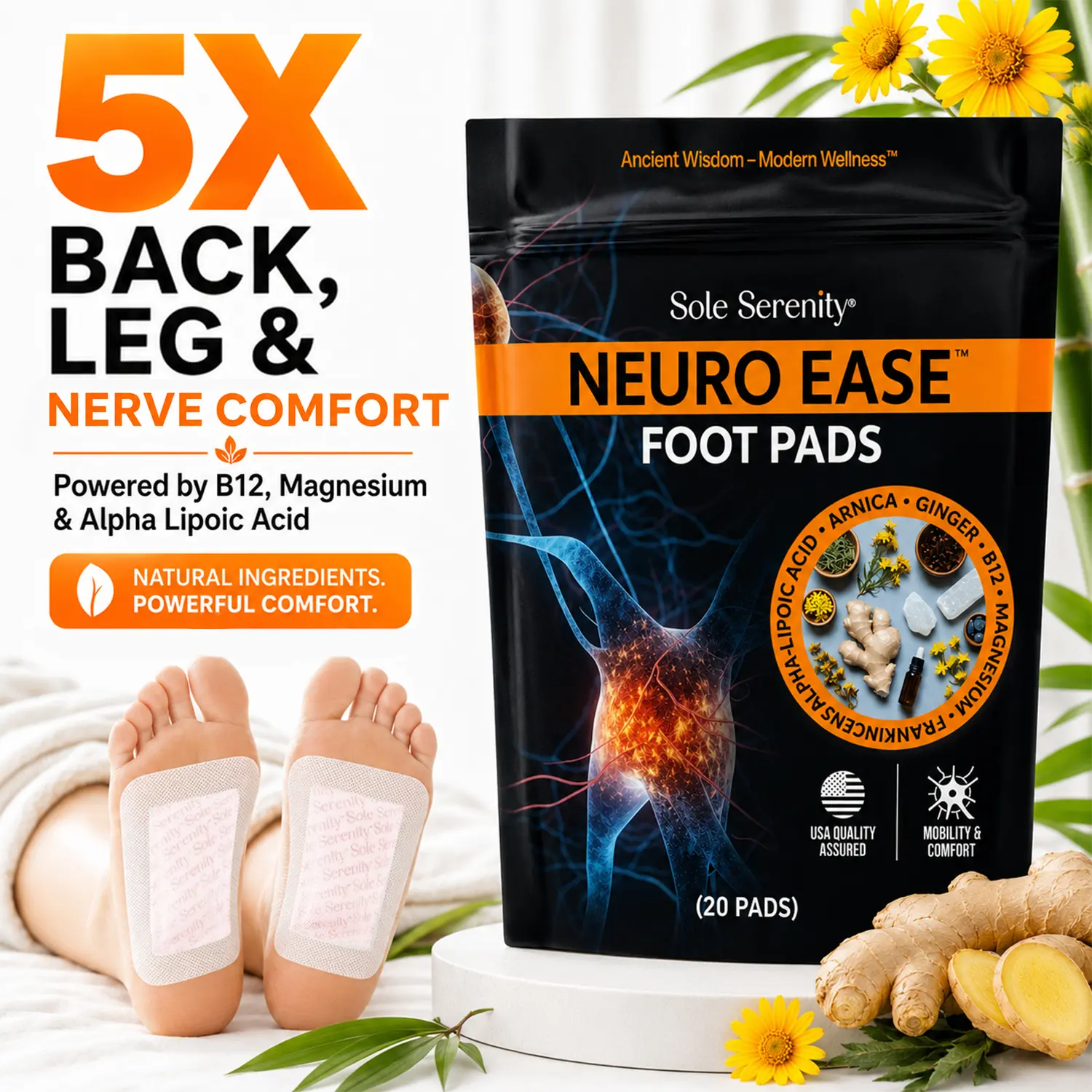 Sole Serenity Neuro Ease Neuropathy Detox Foot Pads – Nerve Pain Relief, Circulation & Mobility Support with Zeolite, Arnica, B12, Lipoic Acid & Frankincense | 20 Pads for Overnight Relief, Energy Healing
