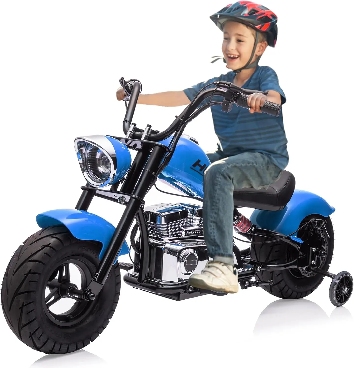 【Christmas Gift】Blue 36V Electric Off Road Motorcycle For Teens With 350W Brushless Motor Led Lights Music Spring Suspension And Training Wheels Blue