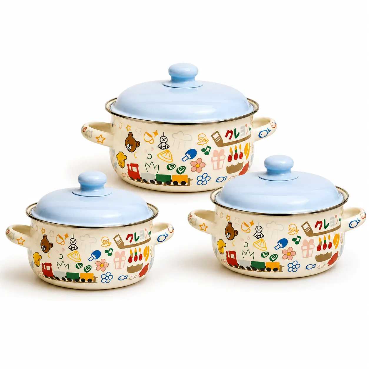 Enamel 3-Piece Round Cookware Set with Lids, Double Handles, 1L/1.5L/2.2L (1,000-2,000 ml) Daily Use Pots for Soup, Porridge, 1 of 3 Colorful Printed Designs Available, Cooking Pot Set