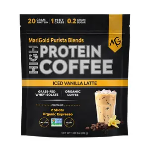 MariGold High Protein Coffee - Iced Vanilla Latte (1LB), 20g Grass-Fed Whey Protein Isolate, Energy/Workout Boost, Organic Espresso, Non-GMO, Keto