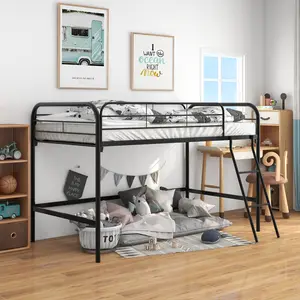 Low Twin Loft Bed Frame with Sturdy Steel Frame, Metal Twin size Loft Bed Frame with Ladder and Safety Guardrails, Storage Space Under The Bed, No Box Spring Needed (Black)