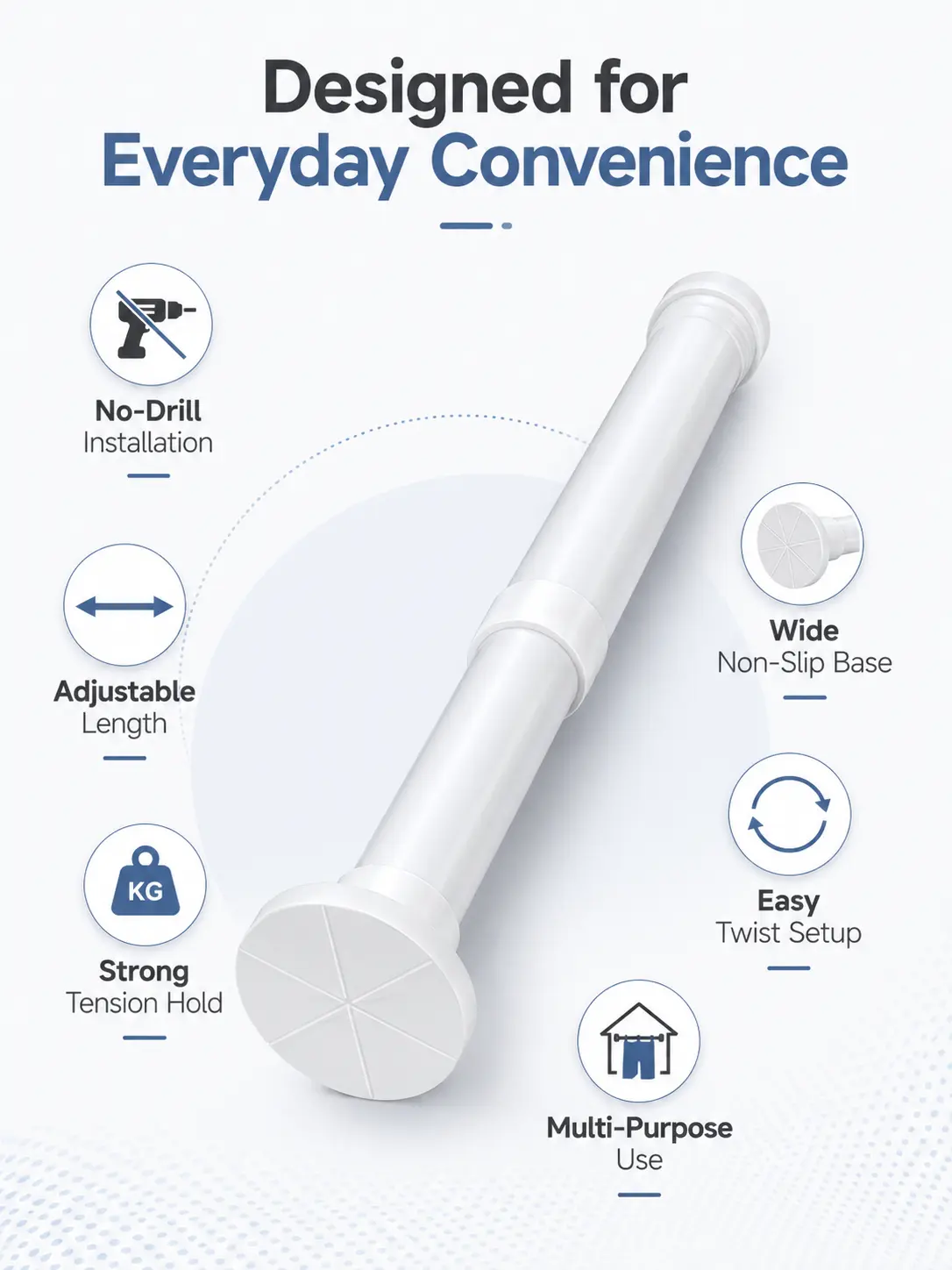 Drill-free telescoping rod, suitable for shower stalls, windows, closets, and doorways; this non-slip, multi-functional curtain rod is a must-have for dorm rooms, rental units, and home decor.