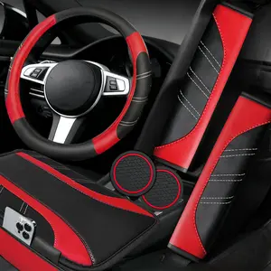 NBTEPEM 6 Pcs Red Car Accessories Set, Sport Leather Steering Wheel Cover 14.5-15inch Universal, Microfiber Leather Car Center Console Cover, Seat Belt Cushion, Cup Holder Coaster