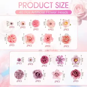 40 Pack Artificial Flowers, Decorative Flower Heads, Small Artificial Flower Heads, Silk Artificial Flowers, Fake Flowers for Wedding, Bridal Bouquet, DIY Crafts, Table Party, Home
