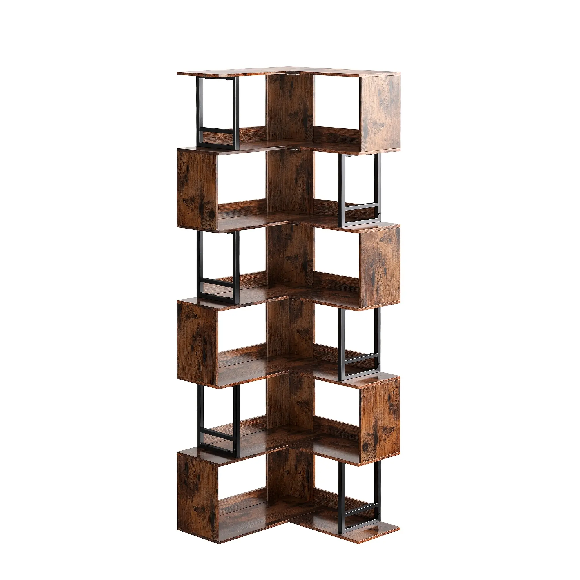 Six-Layer Retro Brown Corner Bookshelf, Industrial Style Wooden Metal Storage Rack, Large Modern Display Stand Suitable for Living Room Or Home Office, Vertical Space Utilization, Convenient Assembly, Rengue Decor