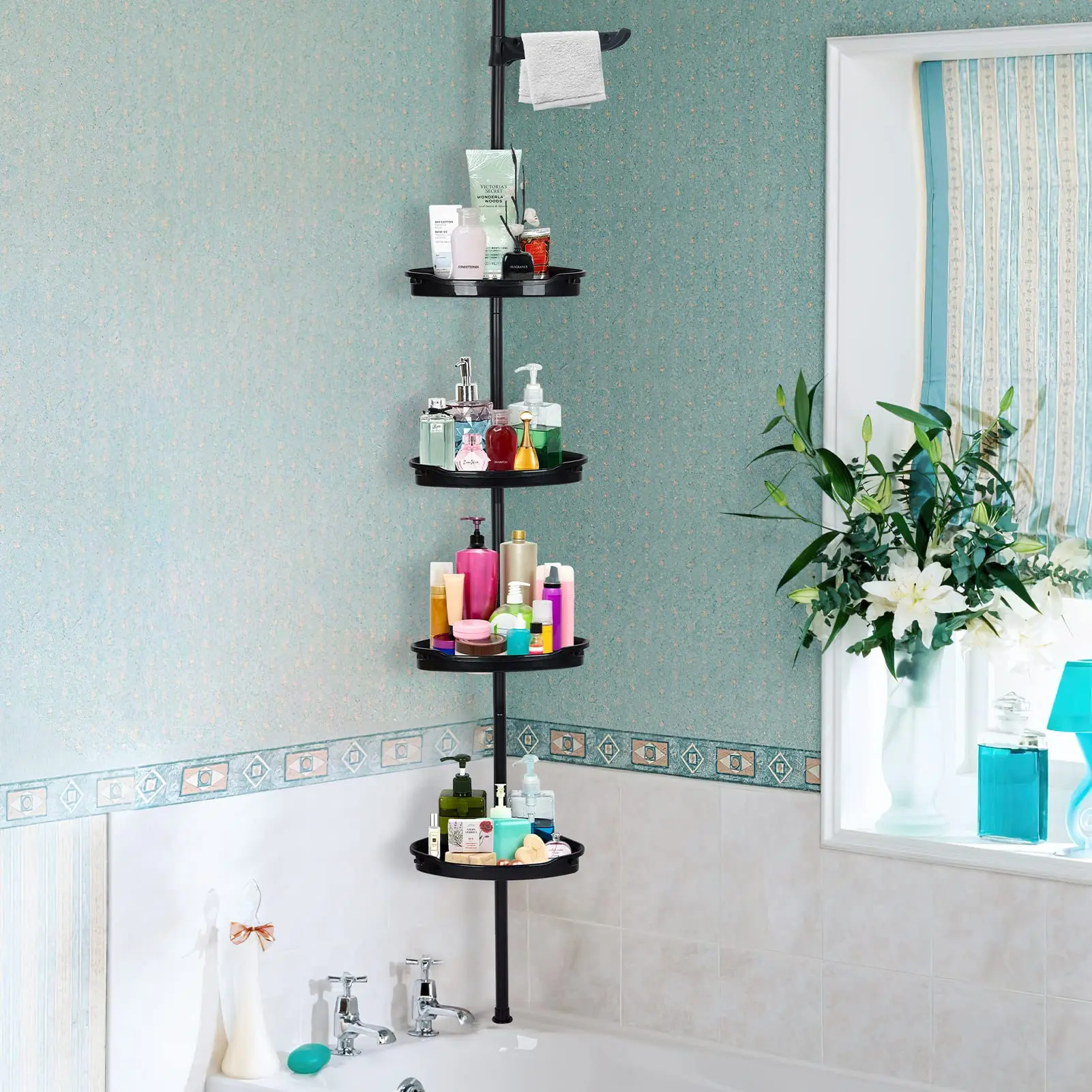 GARVEE Corner Shower Caddy Tension Pole - Rust-Proof Bathroom Organizer with 4-Tier Adjustable Shelves, Rubber Pads, 101.6-122 in Height, Black