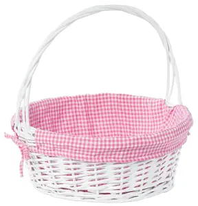 Vintiquewise QI004550PK.L White Round Willow Gift Basket, with Pink and White Gingham Liner and Handles, Large
