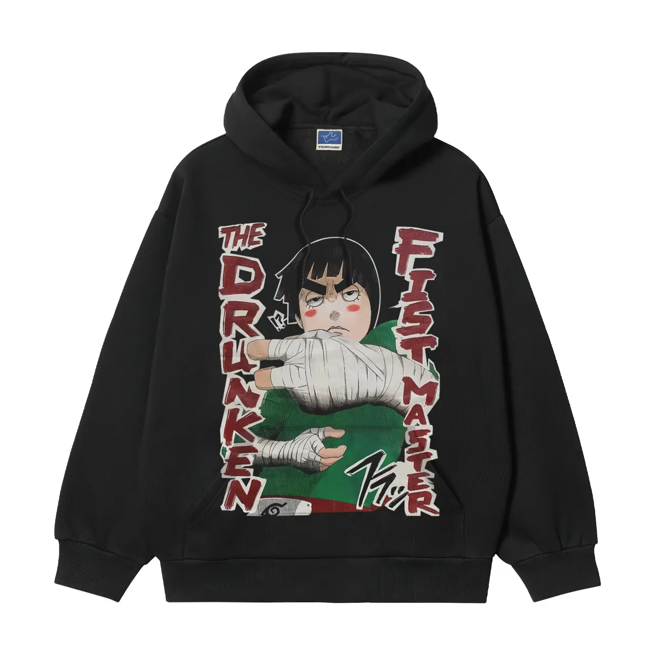 Men's Naruto "Rock Lee" Heavyweight Vintage Hoodie - Cotton Blend, Breathable Cotton, Crisp Anime Print, Longsleeves, Drawstring Closure, Easy-Care Fabric, Baggy Crewneck, Casual Biker Black Pullover Tops