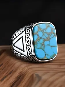 Tribal Style Men's Blue Ring, 316L Stainless Steel, Inlaid with Square Agate, Simple and Grand