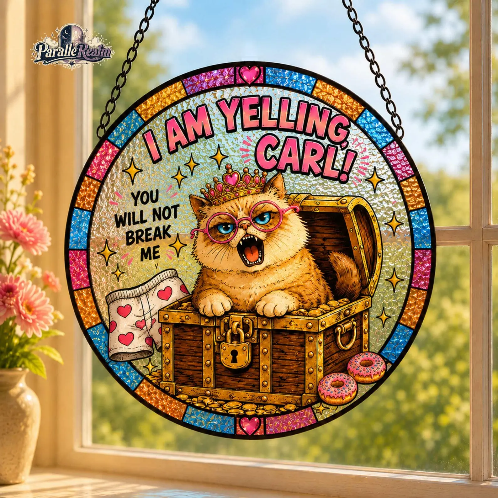 I Am Yelling Carl Suncatcher, Funny Cat Window Hanging, Stained Glass Style Fantasy Decor, Book Lover Gift, Whimsical Reading Nook Ornament