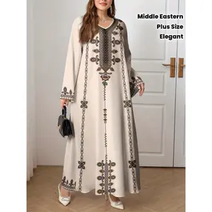 Plus Size - Plus Size - New Spring And Autumn Elegant Long Robe in Middle Eastern Style, Plus Size Fashionable Ethnic Print Dress, Suitable for Commuting, Loose And Comfortable, Long-Sleeved Vacation Dress