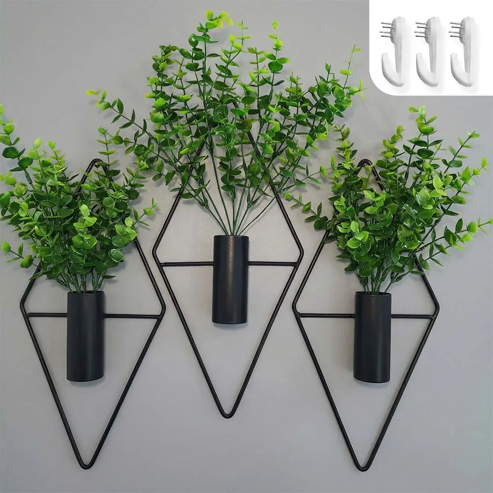 Set of 3 small Farmhouse Boho Wall Plant Decor with 3 hooks, Diamond Shape Metal Wall Planters With Faux Eucalyptus Stems, No Watering Wall Art Accents