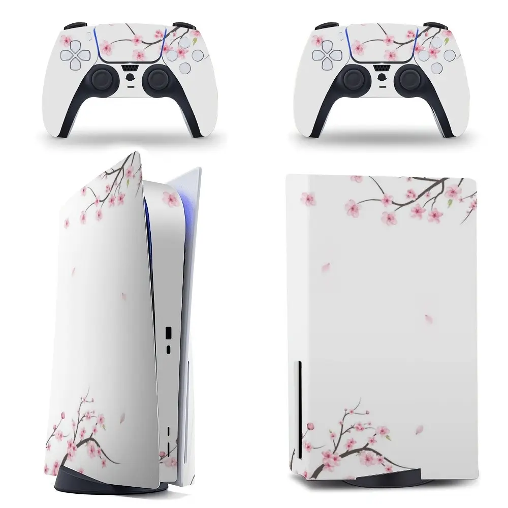 Minimalist Design Cherry Blossom Sakura Vinyl Skin Sticker Compatible with PS5 (Disc/Digital), PS5 Slim Console and 2 Controllers, Full Cover Gaming Decal Wrap, Gift for Gamers