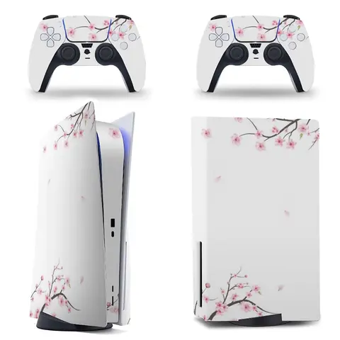Minimalist Design Aesthetic Cherry Blossom Sakura Vinyl Skin Sticker Compatible with PS5 (Disc/Digital), PS5 Slim Console and 2 Controllers, Full Cover Gaming Decal Wrap, Gift for Gamers, Includes Sticker