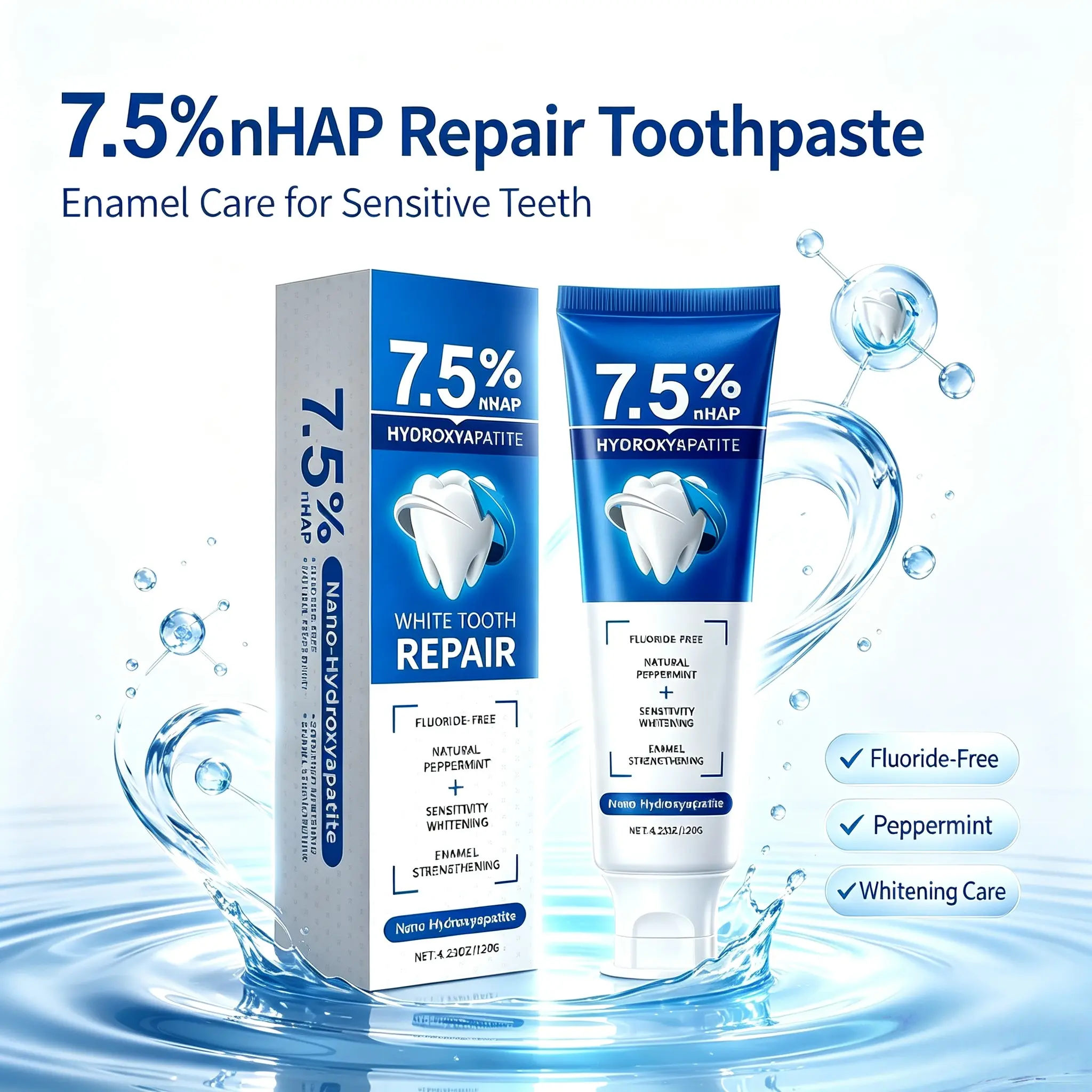 7.5% Nano Hydroxyapatite Toothpaste for Enamel Repair and Strengthening - Fluoride-Free Whitening for Sensitive Gums, Natural Peppermint Mint, 120g, Natural Remineralizing Toothpaste, Nonfluoride Toothpaste