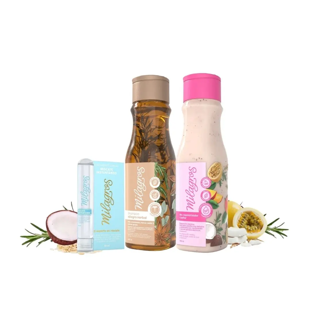 Milagros 3-Pack Coconut Haircare Kit - Non-Toxic, Cruelty-Free, Hypoallergenic Herbal Shampoo, 450ml Biorepolarizador Capilar Cleanser, Ginseng-Rosemary Hair Mask, Instant Rescue Ampoule, Conditioner for Adults' Aging Hair Loss, Frizz Control, Shine, Oil,