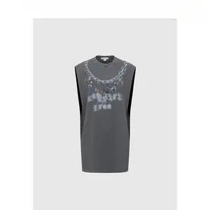 Dark gray sleeveless letter print tank top, loose American street style vest, versatile casual top for summer