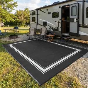 Black&White Waterproof Outdoor Rug 9x18 Reversible Plastic Straw Rug Modern Patio Carpet, Foldable Lightweight RV Camping Mat with Portable Bag & 4 Stakes, UV Resistant & Sturdy for Picnic