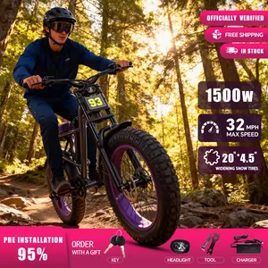 Upgraded electric bicycle with high carbon steel frame, hydraulic shock absorption, full suspension system, top speed of 32mph, 48V 1500W motor, riding assistance range of 40-70 miles, 20 * 4.5-inch all terrain tires, snow tires, off-road motorcycle