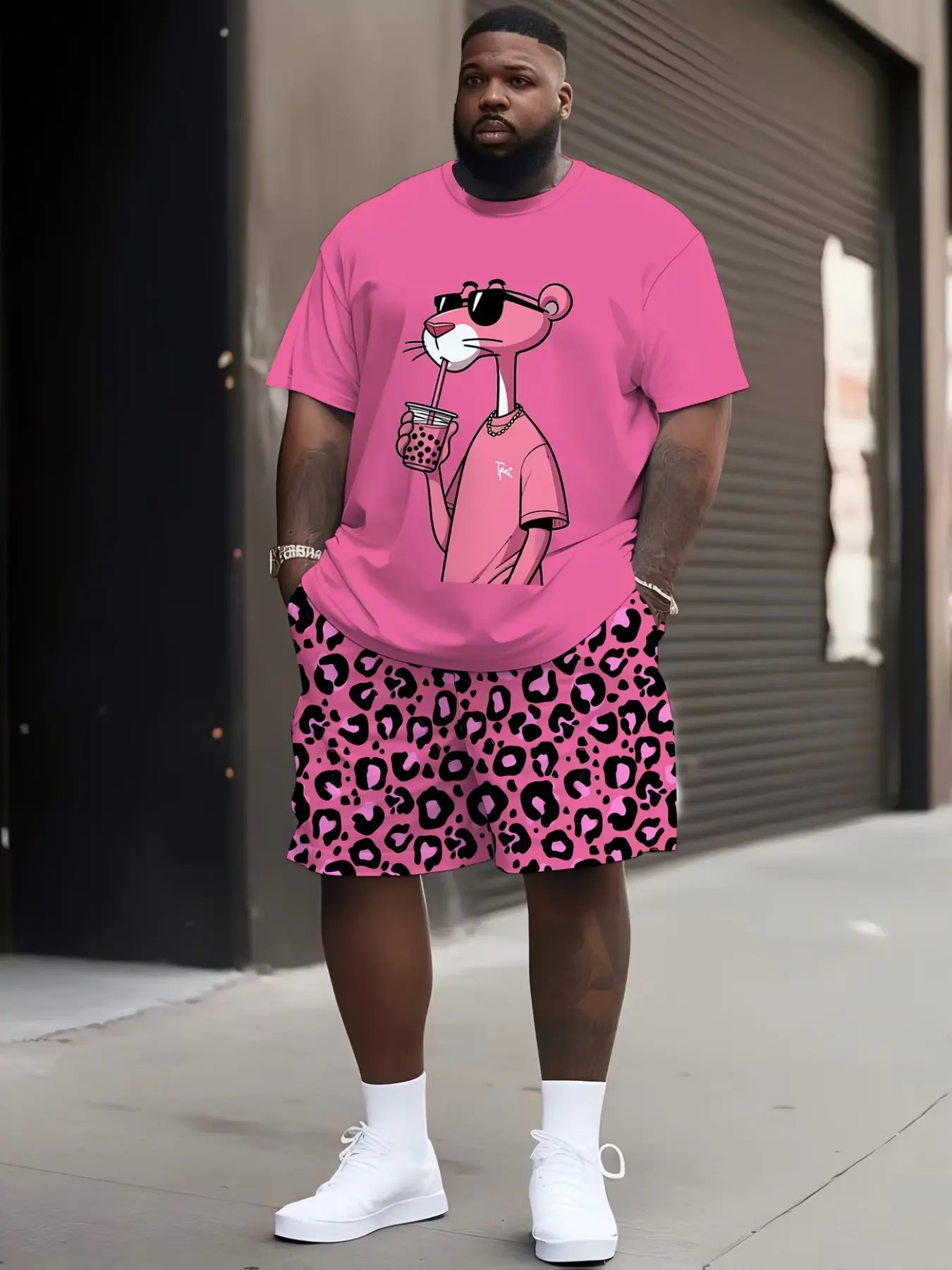 Men's Plus Size Menswear Casual Cartoon Mouse Print Matching Set, Short Sleeve Round Neck Tee & Shorts, Loose Fit, Comfortable Daily Wear, Fun Fashion, Style Set