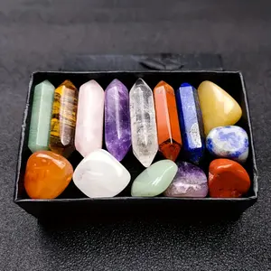 A set of double-pointed quartz crystals in a box, featuring natural stones for all seven chakras, hexagonal rose quartz ideal for bedroom decor, artificial artificial crystal included, presented in a uniquely designed gift box.