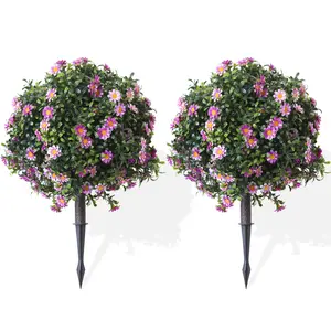2 Pack Artificial Topiary Ball Plants with Spike, Purple Daisy Flowers, Fake Evergreen Tree for Porch, UV Resistant, Outdoor Garden Decor