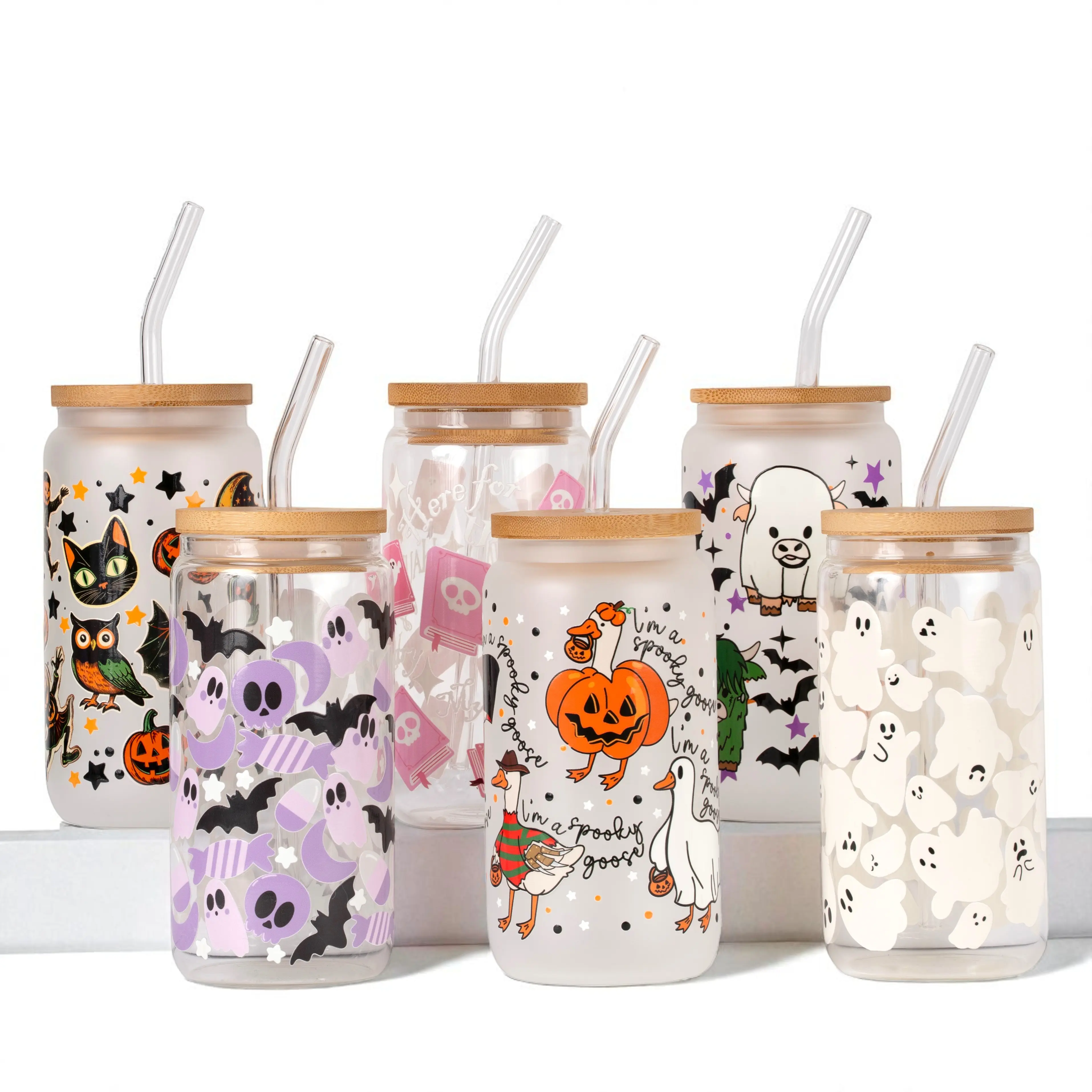 Halloween 16oz Glass Can Cup with Lid and Straw, Iced Coffee Drinkware, Gift for Her, Acrylic Cup, water bottle for women, spooky gifts, Reusable, Mug, Printed, Containers, Silicone