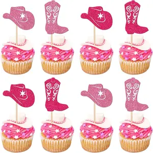 24 PCS Glitter Cowboy Cupcake Toppers Cowboy Hats Boots Cupcake Picks for Western Theme Baby Shower Boys Birthday Party Cake Decorations Supplies Rose Red Pink