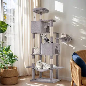 Cat Climbing Shelf, Hanging Basket & Hammock, Pompoms, Stable Kitty Play House, Multi-Level Plush Cat Condo for Indoor Cat,  Durable, Space-Saving Design