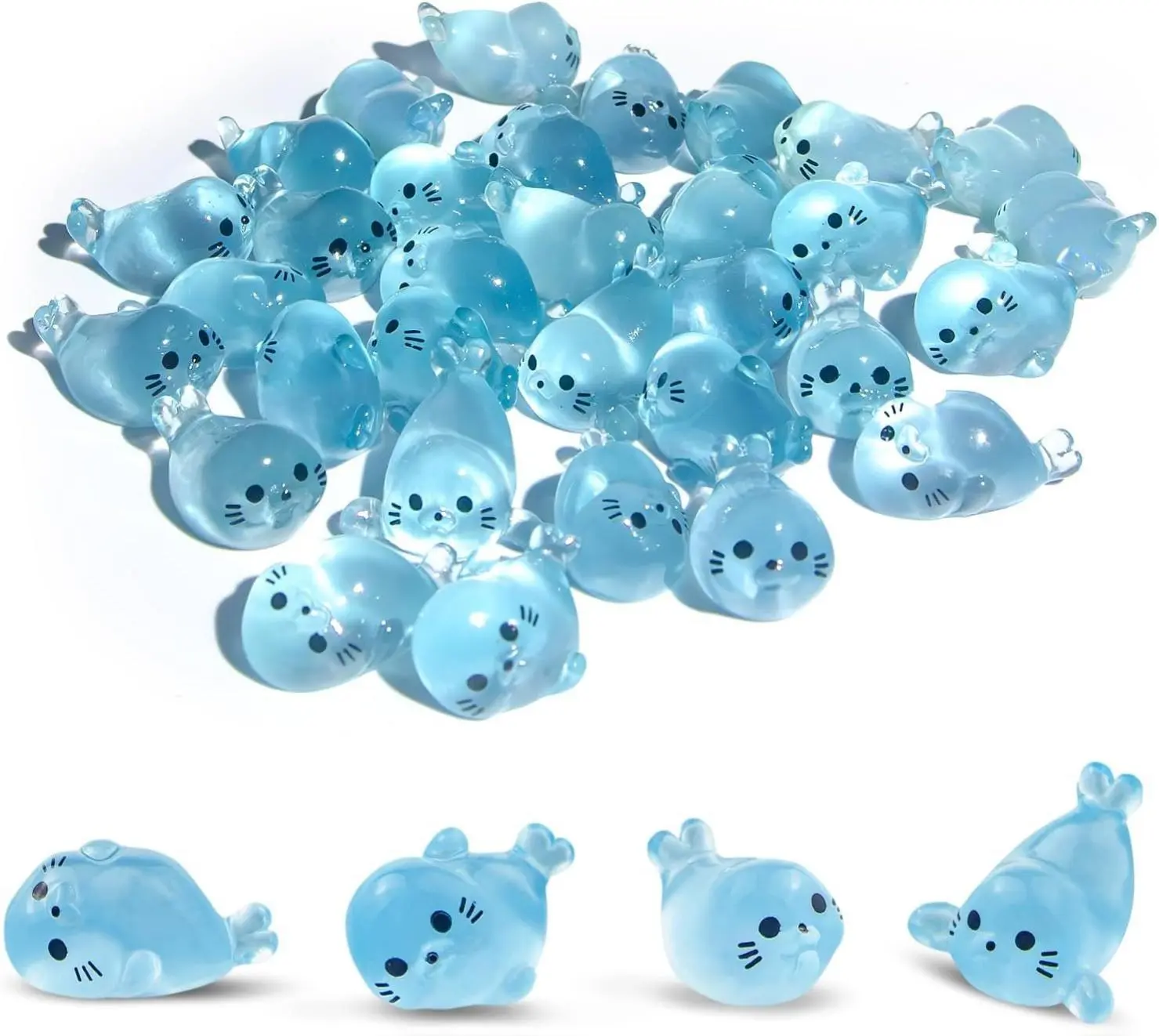 32pcs Magical Glow-in-Dark Transparent Resin Sea Animal Fairy Mini Seal Figures - 1-2cm Cute Collectibles, 4 Gesture Ornaments, Decorative Miniatures with Storage Box, Home Decor for Terrariums, Aquariums (Adult Ocean Enthusiasts), Glow In The Dark, Sea A