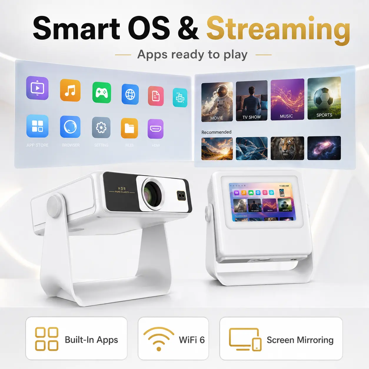 2026 Upgraded Dual Screen Smart Projector, 4K Supported Portable Mini Projector with 7-Inch Touch Display, WiFi 6 & Bluetooth, Auto Focus & Auto Keystone, Native 1080P, 800 ANSI, 25W Speaker for Home Theater Outdoor Movies