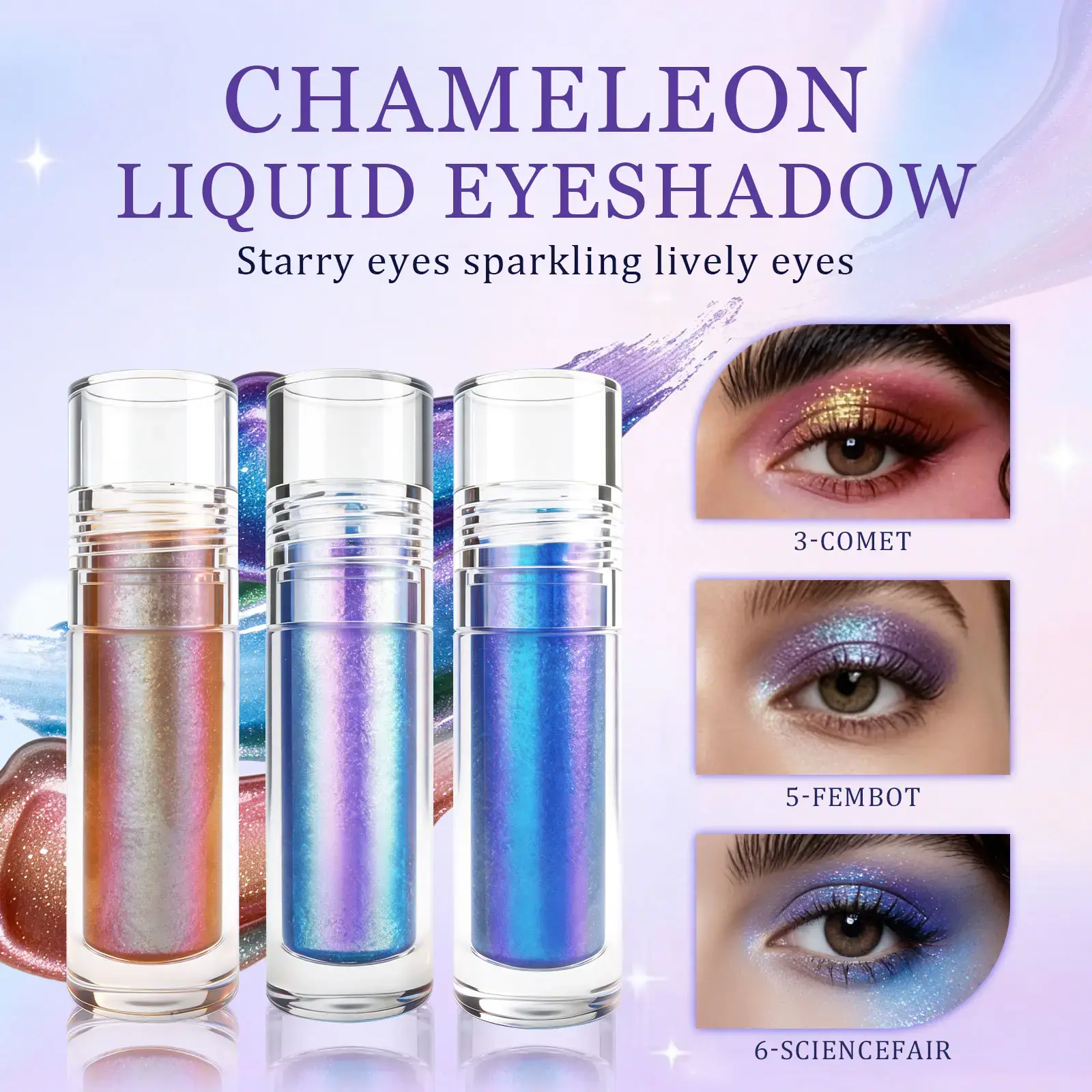 Chameleon Liquid Eyeshadow Set, 3-Shade Multichrome Glitter with Blue & Pink Shifting Glow - Long-Lasting, Waterproof Makeup for Ethereal Eyes, Perfect Gift, Glitter Eyeshadow Stick, Blue Eyeshadow