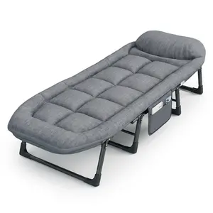 6-position adjustable folding bed with a sturdy steel frame and a soft padded mattress. Ideal for quick naps in the office or outdoor camping, and easy to carry.