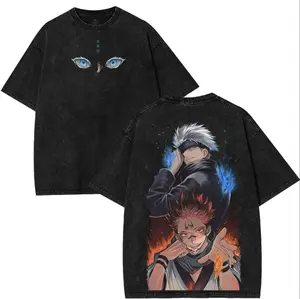 Gojo Satoru Urban Style Double-Printed Jujutsu Kaisen Graphic Tee Unisex Vintage Washed Cotton Anime Manga T-Shirt Crew Neck Short Sleeve Oversized Character Printed 100% Premium Cotton 230gsm Softness Durability Relaxed Fit Fabric Menswear Seamless